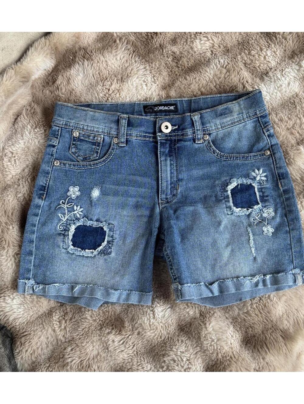 Jordache Denim Shorts with Floral Embroidery and Distressed Patches-Girlwear 14
